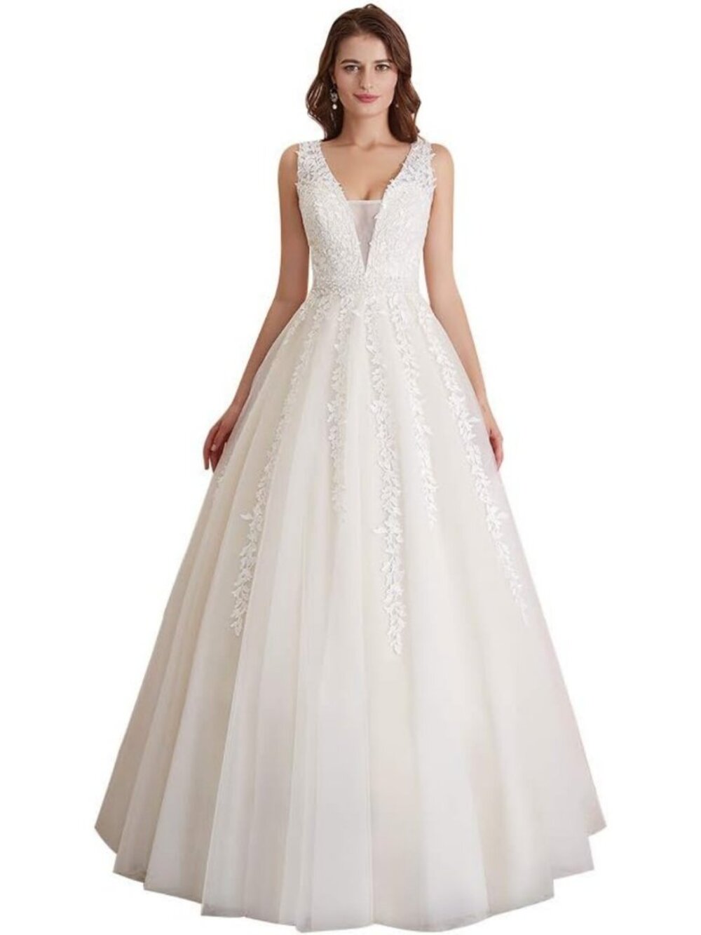 Abaowedding Women's Wedding Dress for Bride Lace Applique Evening Dress V Neck
